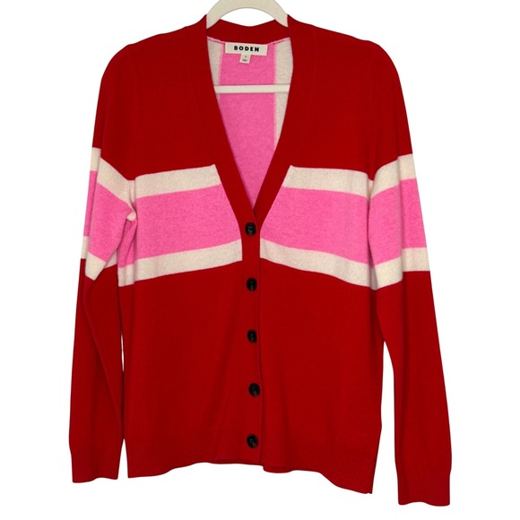 Boden Marianne Red Pink Union Jack 100% Cashmere V-Neck Cardigan Sweater Medium - Picture 2 of 10